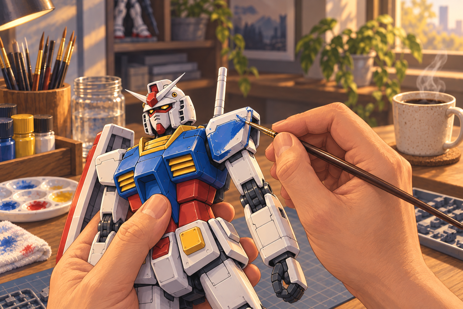 湯気の立つコーヒーを傍らに、ガンプラの肩を筆で青く塗る、明るくゆったりしたイラスト